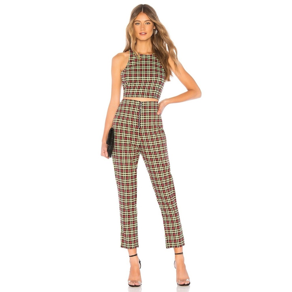 NBD x Naven Plaid Crop Top & Pants Set XS/S Red Yellow Black Check 2-Piece